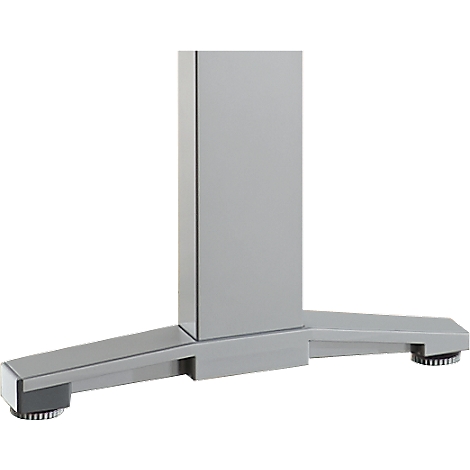 Gray desk leg with three legs. The legs have square, flat feet with black rubber pads.