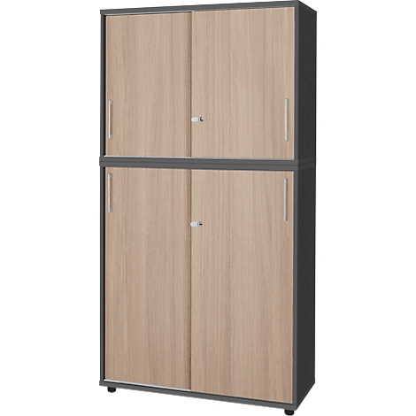Tall grey cabinet with two wooden doors that open. The doors are arranged one above the other and have a handle.
