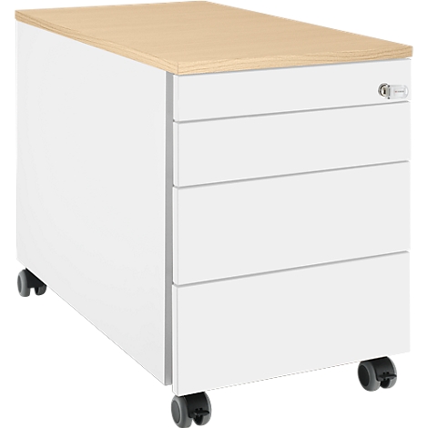 Meuble de bureau blanc à roulettes avec dessus en bois, trois tiroirs et une serrure.