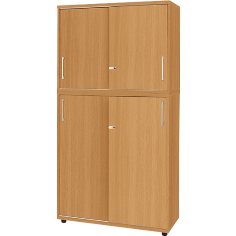 A tall, two-part office cabinet made of wood with sliding doors. On rollers.