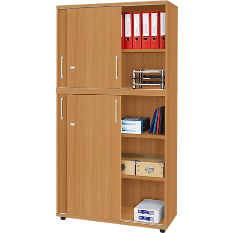Wooden office cabinet with sliding doors, filled with files and office supplies.