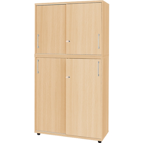 Two-part wooden cabinet with sliding doors, silver handles, and knobs.