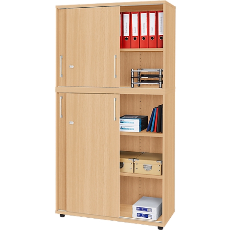 Beige filing cabinet with sliding doors, filled with folders and office supplies.