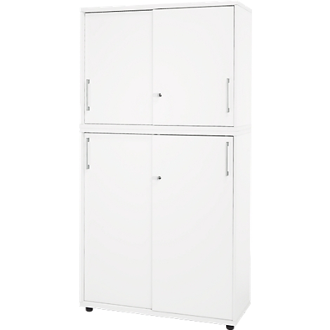 White, two-story cabinet with sliding doors and silver handles.