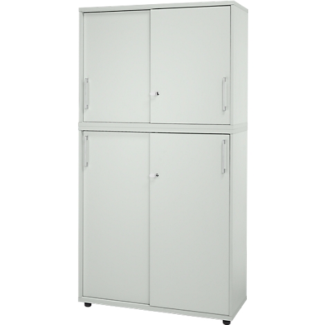 Two-tier gray cabinet with sliding doors and handles. The top part has two doors, the bottom also.