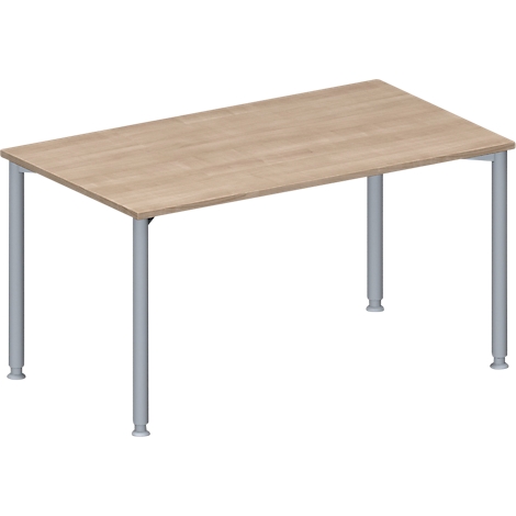 Rectangular table with light wood top and grey legs.