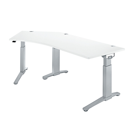 White, height-adjustable desk with silver legs, against a white background.