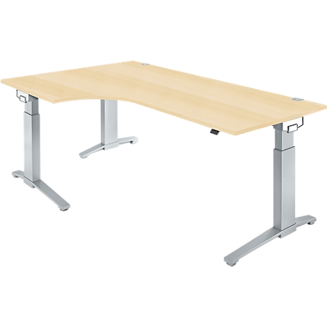 A light brown corner desk with silver height-adjustable legs. The desk stands in empty space.