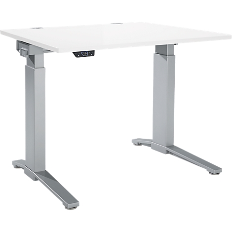 White height-adjustable desk against a white background. There is a control unit on the table top.