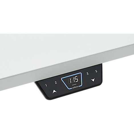 Desk control panel with digital display 1:15, up/down arrow buttons, numbers 1-5.