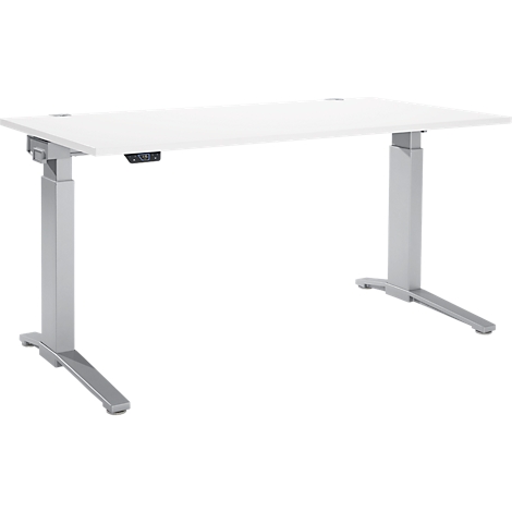 White height-adjustable desk. The table legs are silver.