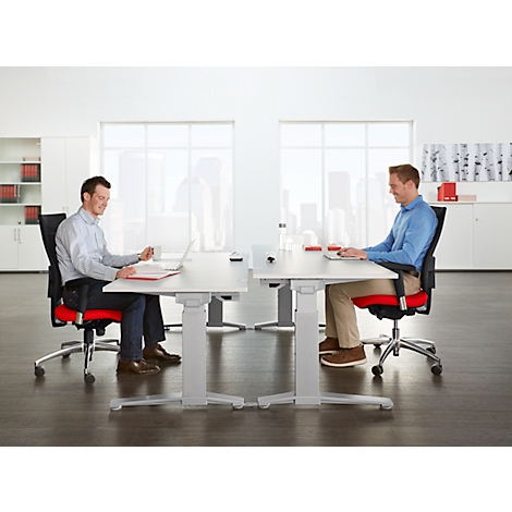 Two men sitting at height-adjustable desks, working on laptops, smiling.