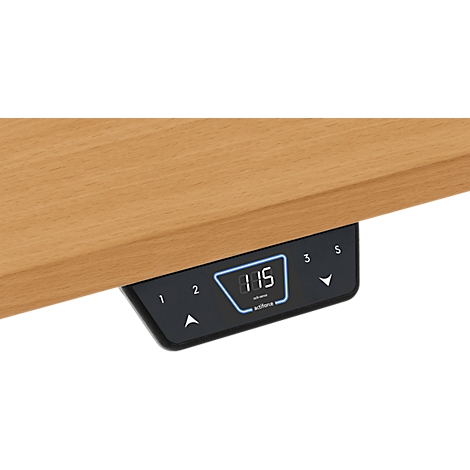 Close-up of the control panel of a height-adjustable desk. The display shows the height.