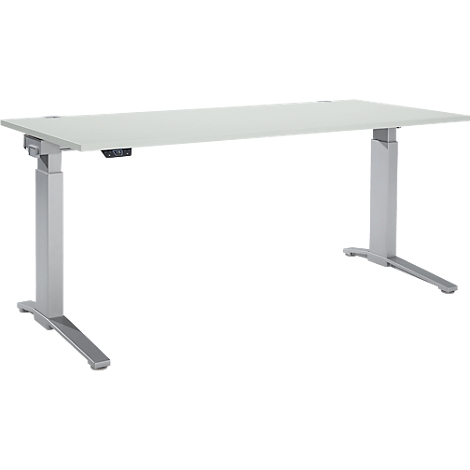 Light gray, height-adjustable desk. The tabletop and the metal legs are consistently gray.