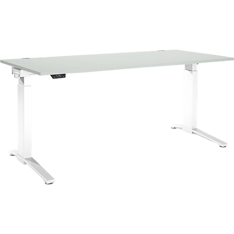 White height-adjustable desk with grey tabletop. The control is located below the tabletop.