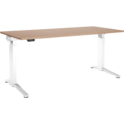 A height-adjustable desk with a light brown tabletop and white legs. There is a control unit on the front.