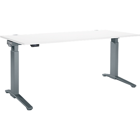 White adjustable height desk against white background. Gray legs, control panel under the table top.