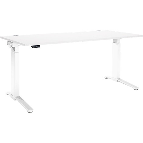 White height-adjustable desk. The table top and frame are white. A control panel is attached under the table top.
