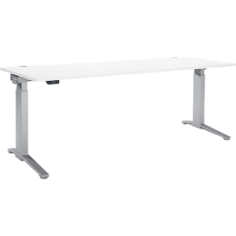 A white, height-adjustable desk with silver legs against a white background.