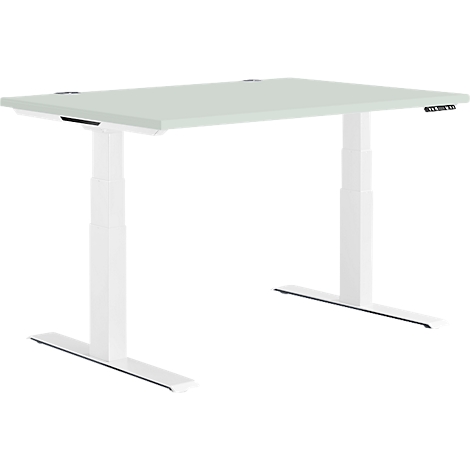 A white height-adjustable desk against a white background.