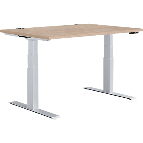 A height-adjustable desk with a light brown tabletop and white legs.