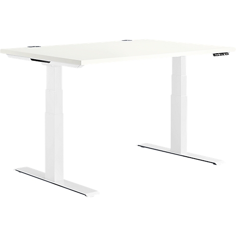 A white, height-adjustable desk with a rectangular tabletop and two legs. Controls on the right side.