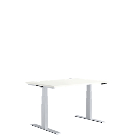 White, height-adjustable desk on grey base. The table stands against a white background.