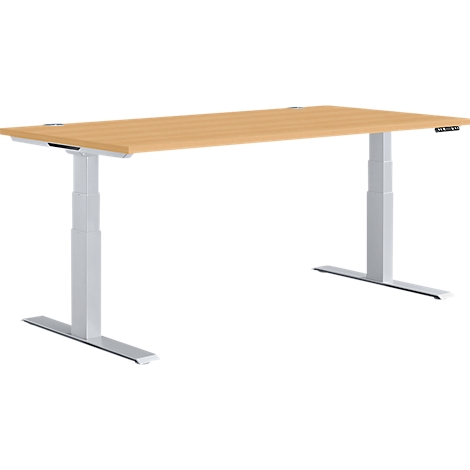 Light brown height-adjustable desk with white legs, rectangular tabletop, light grey base. Controls on the right side.