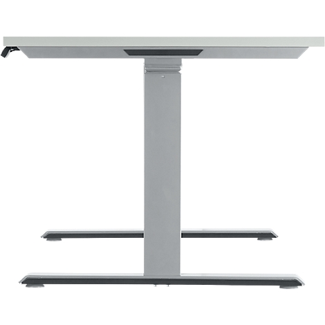 A height-adjustable desk with gray metal legs and a white tabletop. The legs have a rectangular shape and extend to the floor.