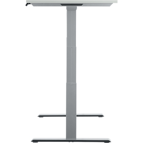 Gray height-adjustable desk, white table top, details of the construction.