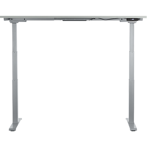 A height-adjustable desk in gray with a digital display.