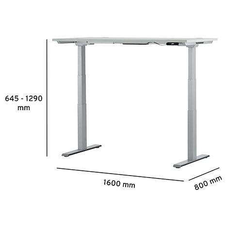 A white height-adjustable desk with dimensions: 1600 mm x 800 mm and a height of 645-1290 mm.
