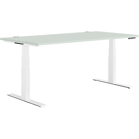 White standing desk with light grey tabletop. The desk is height adjustable. The controls are on the right side.