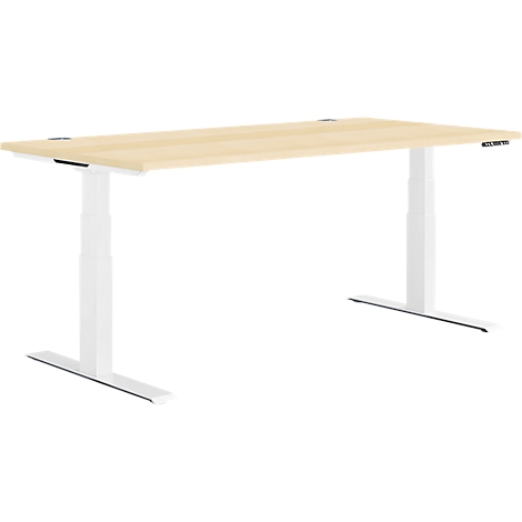 An adjustable-height desk made of light-colored wood with white legs, against a white background.
