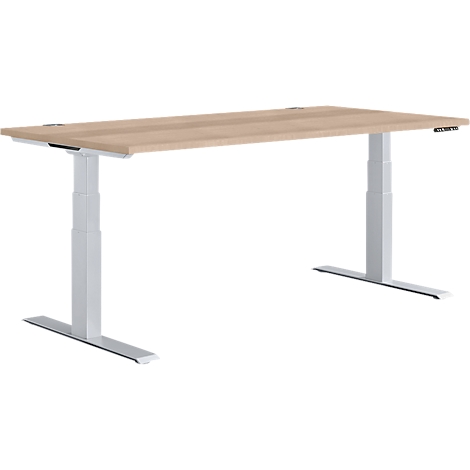 Height-adjustable desk with light wood top and white frame, against a white background.