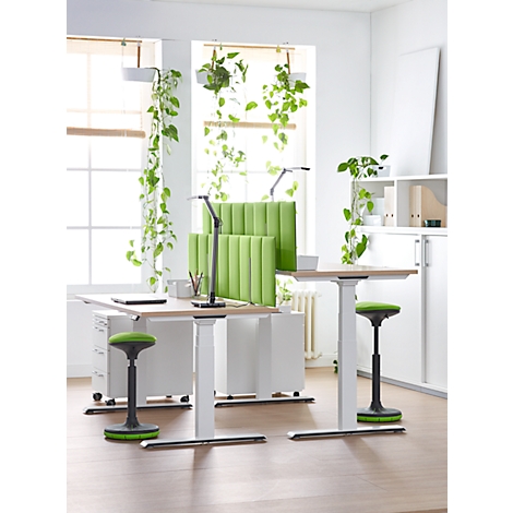 Bright workspace featuring two height-adjustable desks, green stools, and plants.