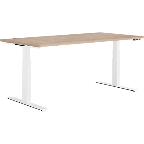 Light brown rectangular desk with white height-adjustable legs. The tabletop is made of wood imitation.