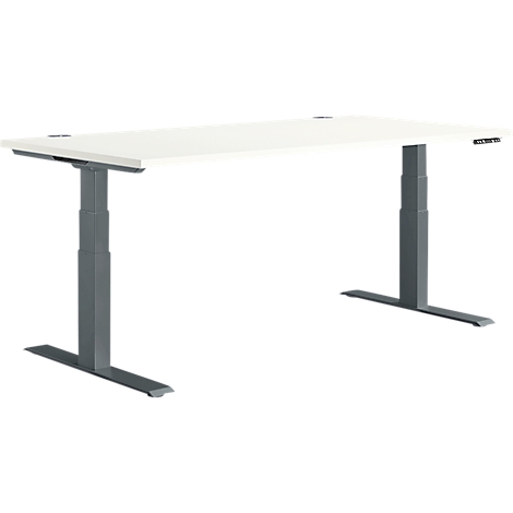 White desk with gray, height-adjustable frame.