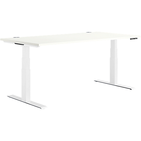 White, height-adjustable desk. Uplift desk with white frame, against white background.