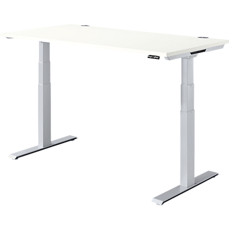 White height-adjustable desk with silver legs. There is a control panel on the right.
