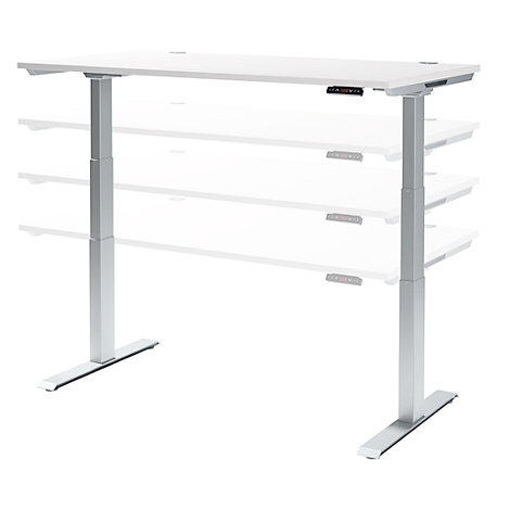 White height-adjustable desk. Grey legs, a control with buttons indicating the desk's position.