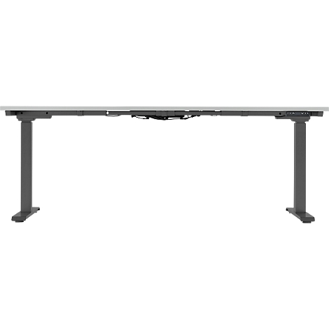 Height-adjustable desk against white background. Gray table legs, light table top. Control panel with buttons on the right.