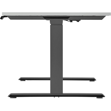Height-adjustable desk, gray frame, light-colored tabletop.