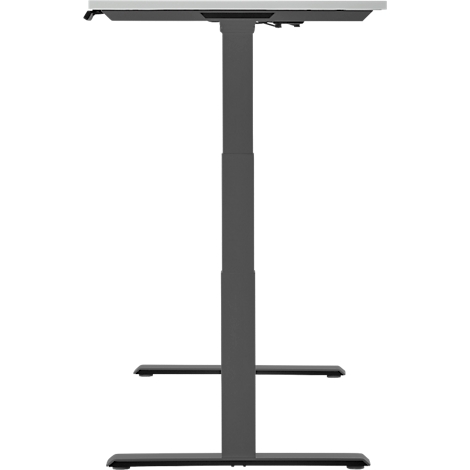 A height-adjustable desk with a gray tabletop and a gray frame. The desk has two footrests.