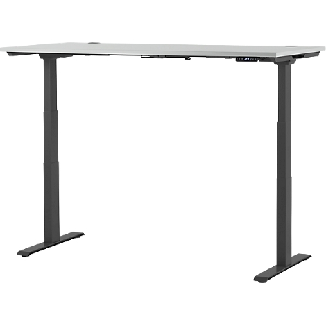 A height-adjustable desk with gray tabletop and dark, rectangular legs against a white background.