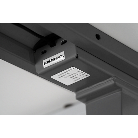 Gray table construction with "SCHÄFER SHOP" logo. Details below, including connections.