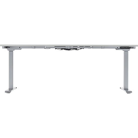 A height-adjustable gray desk with a rectangular tabletop and two legs.