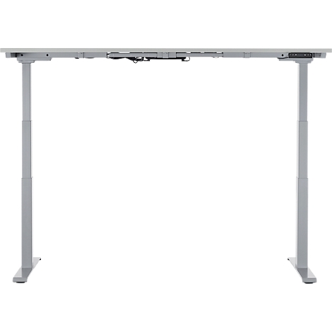 A height-adjustable desk in light grey against a white background. The desk is in the lowest position.