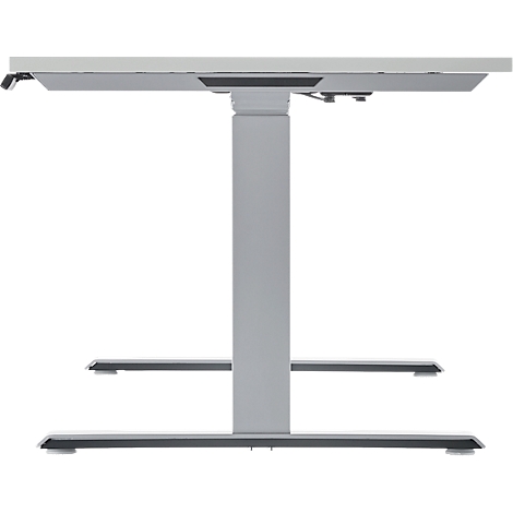 Height-adjustable desk, base and tabletop in light shades of gray, against a white background.