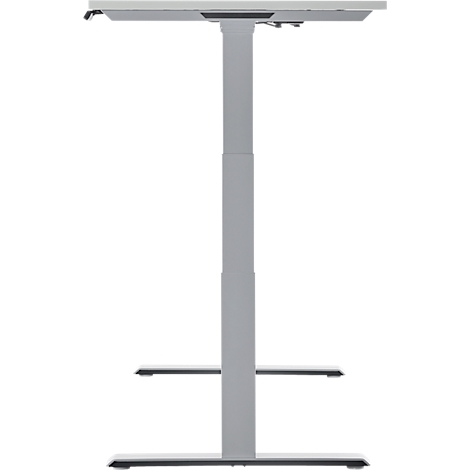 Height-adjustable desk, light grey, against a white background. Tabletop, legs and footrest are visible.